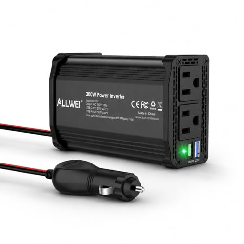 ALLWEI 300W Car Power Inverter 12V DC to 110V AC Car Inverter-Black | with 27W PD USB-C&18W USB-A Fast Charging, Car Charger Cigarette Adapter for Phone, Laptop and Small Devices on Road Trip