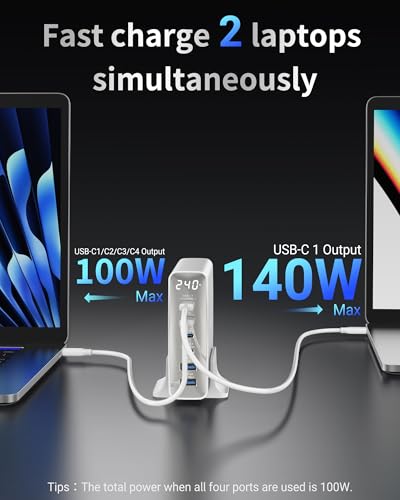 TOPADRE 240W USB C Charger with Display,6 Ports Charging Station,Laptop GaN Desktop Charger,140W Fast Charging Block for MacBook, iPad, iPhone 17/16, Galaxy S25/S24, Steam Deck, Dell XPS and More - color: White