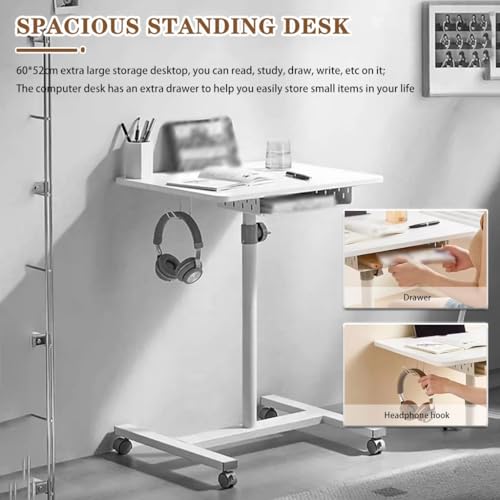 Portable Bedside Table with Drawer, Standing Desk with Wheels, Height Adjustable Laptop Desk, Movable Sofa Side Table, Easy to Install(Wood Color) - color: Wood Color