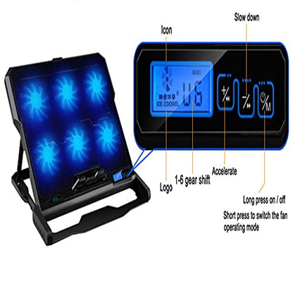 Laptop Cooling Pad 6 Fans and Cooler with Light LCD Display Notebook Stand for 12-16 Inch