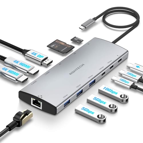 RSHTECH USB C Hub Docking Station Dual Monitor 12 in 1 Triple Display Multiport Adapter with 2 HDMI, 4K DP, 3 USB 3.2 10Gbps, 2 USB 3.0 Ports, 100W PD, Gigabit Ethernet, SD/TF for MacBook, Laptops - size: 12-in-1 USB C Hub
