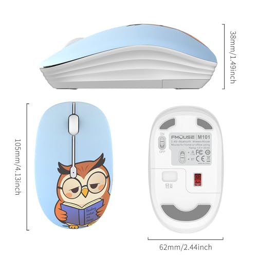 FMOUSE Cute Cartoon Wireless Mouse, 2.4G Bluetooth Dual Mode, AA Battery Powered, Silent Ergonomic Mice for Kids Students Office Workers Laptop PC Mac iPad (Sleepy Book Owl) - color: Sleepy Book Owl