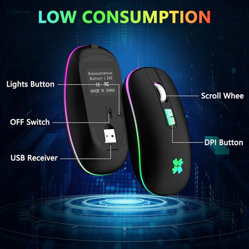 besky Wireless Rechargeable Mouse, Portable Silent Computer Mouse, Black | Backlit LED 2.4G USB Cordless Mouse with USB-C Adapter for Laptop, PC, MacBook, Chromebook, iPad & Tablet