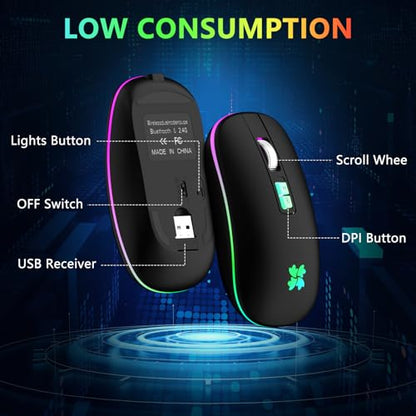 besky Wireless Rechargeable Mouse, Portable Silent Computer Mouse, Black | Backlit LED 2.4G USB Cordless Mouse with USB-C Adapter for Laptop, PC, MacBook, Chromebook, iPad & Tablet