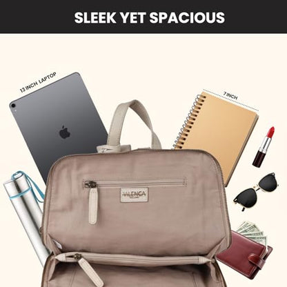 12.5 Inch Genuine Leather Backpack for Women & Men | Beige Genuine Leather Daypack Purse with Adjustable Shoulder Strap, Small Unisex Travel Casual Bookbag with Zipper Pockets - color: Beige