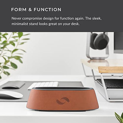 HumanCentric Vertical Laptop Stand in Vegan Cognac Leather, Adjustable | Upright Adjustable Holder and Dock, Fits MacBook Pro and Other Laptops .5" to 1.5", Clamshell Compatible - color: Cognac Leather