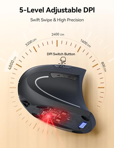 TECKNET Wireless Ergonomic Mouse, Rechargeable Wireless Vertical Mouse | Rechargeable Mouse Black, 2.4GHz USB Receiver, Silent Click, 6 Adjustable DPI up to 4800, 6 Buttons for Laptop, PC & MacBook - color: Black