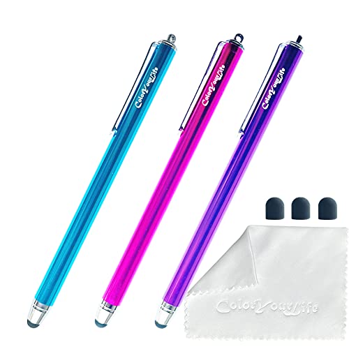 Bundle of 3-Pack Thin Tip High Precision Stylus Pens for Touch Screens, 5.5" Stylus Pens with Replaceable Thin Tips and Microfiber Cloth (Purple, Hot Pink, Light Blue)