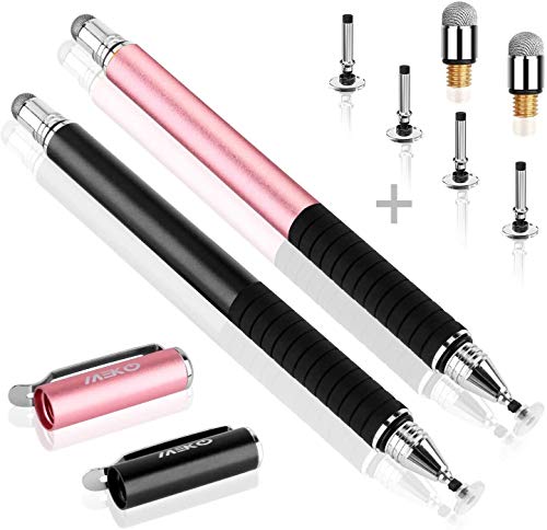 MEKO Universal Stylus,[2 in 1 Precision Series] Disc Stylus Touch Screen Pens for All Capacitive Touch Screens Cell Phones, Tablets, Laptops Bundle with 6 Replacement Tips - (2 Pcs, Black/Rose Gold) | MEKO 1st Gen Stylus, Fiber & Disc Tips, High Precision