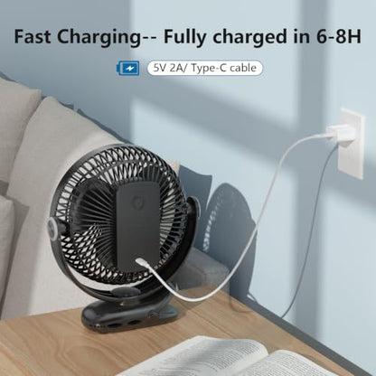 10000mAh 30hrs Portable Fan Rechargeable, 8-Inch Battery Operated Clip on Fan, USB Fans, 4 Speeds, Strong Airflow, Sturdy Clamp for Golf Cart Office Desk Outdoor Travel Camping Bed Truck Treadmill - color: Black