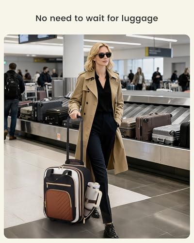 LOVEVOOK Underseat Carry On Luggage with Wheels, Stylish Under Seat Luggage with Giant Tumbler Holder Pocket, Soft Sided Small Suitcase for Travel, Work - color: Black-White-Chestnut