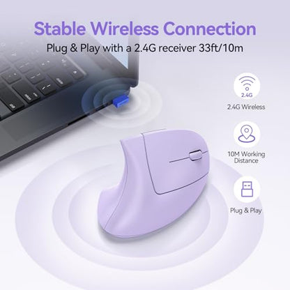 TECKNET Wireless Ergonomic Mouse, Rechargeable Wireless Vertical Mouse | Rechargeable Mouse Purple, 2.4GHz USB Receiver, Silent Click, 6 Adjustable DPI up to 4800, 6 Buttons for Laptop, PC & MacBook - color: Purple