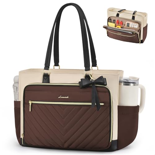 LOVEVOOK 17 Inch Laptop Tote Bag for Women, Nurse Work Bag with Large Cup Holder, Quilted Diaper Bag for Travel, Computer Women's handbags for Teacher gift, Coffee-apricot-black - color: Coffee-apricot-black, size: 17.3 inch