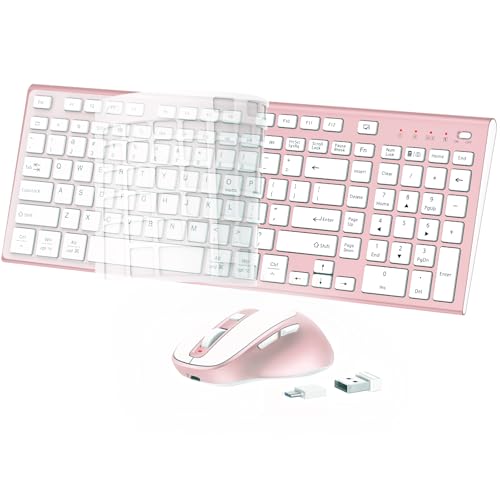 Rechargeable Wireless Keyboard and Mouse, with Number Pad Rose Pink | Quiet Silent, Slim Thin Flat Low Profile Soft Key, USB C, with Skin Cover, Ergonomic Mouse, for Mac Windows PC, Home Office - color: Pink Rose Gold