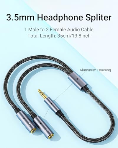 Adapter Cables for Headphones, 1 Male to 2 Female Adapter | Gold-Plated Nylon Braided Stereo Aux Cord for Phones, Laptops, Tablets, Gaming Headsets, Speakers (No Mic)