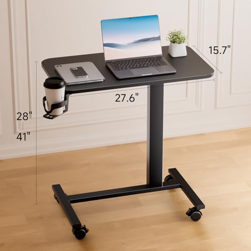COMHOMA Adjustable Overbed Bedside Table with Lockable Wheels, Pneumatic Mobile Standing Laptop Desk, Small Standing Desk Portable Rolling Overbed Table Hospital Home Use(28" W x 16" D, Black) - color: Black, size: Small