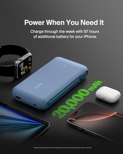 Belkin 20000mAh 30W USB C Power Bank, Portable Charger for iPhone & iPad | Fast Charging, Integrated USB C Cable, Eatra USB C Port, iPhone 17, iPad, Samsung Galaxy S26, Charge 2 Devices - color: Blue, style: 20K mAh