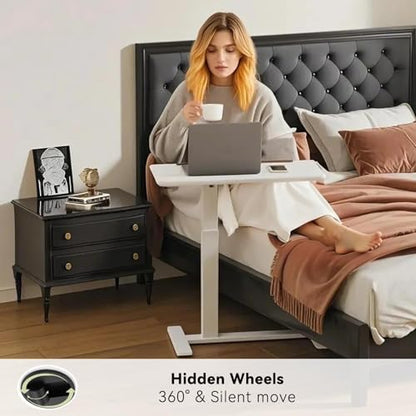 White 180° Tiltable Mobile Standing Desk, Overbed Table with Wheels, 25.6" - 40.5" Height Adjustable Bedside Table, Portable Rolling Computer Desk for Home Office, Hospital (White)