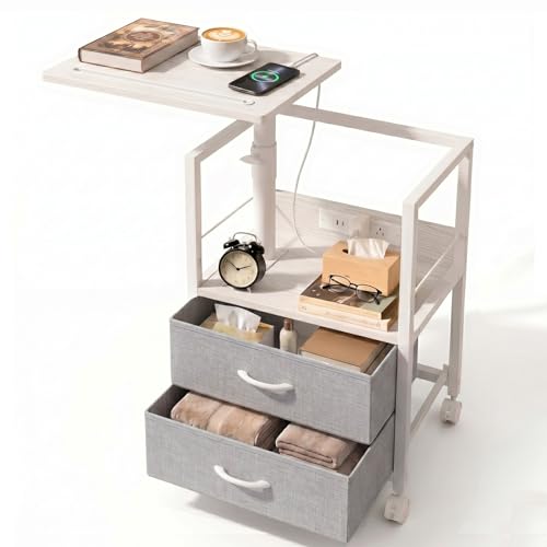 Faesun Swivel Lift Top Nightstand with Charging Station, Rolling Side Table for Recliner, Bedside Table with Wheels & 2 Fabric Drawers, for Small Spaces, for Bedroom, Living Room, White Gray - color: 08 - White Gray, size: 2 Drawers