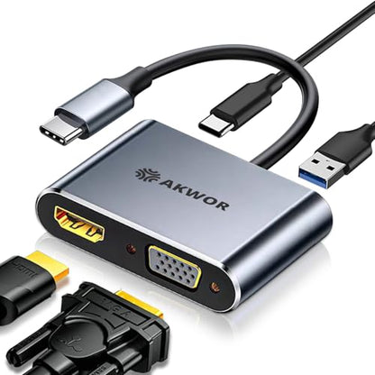 USB C to HDMI VGA Adapter for Dual Monitor, 4 in 1 USB C Hub with 4K HDMI, 1080P VGA, USB 3.0 5Gbps, 100W PD, Laptop Docking Station Compatible for MacBook Air/Pro, Dell XPS, Surface, iMac More