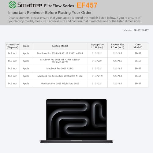 Smatree EliteFlow Laptop Case for 14.2 inch Apple MacBook Pro 2026/2025 M5 | for 14.2 inch Apple MacBook Pro 2024 M4 A3401/2023 M3/M2/2021 A2442,for 13.3 inch MacBook Pro Retina Mid 2014/2015(EF457) - size: 1.02| for APPLE 14.2" MacBook Pro 2026-2023(EF45