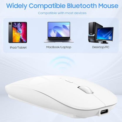 SUNGI Bluetooth Wireless Mouse Dual Mode(Bluetooth5.2+USB),Silent Rechargeable mice with USB-C to USB Adapter for MacBook,Laptop,Tablet,iPad,PC(White)