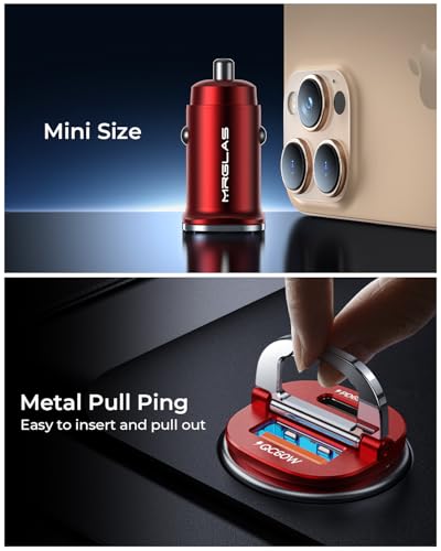 MRGLAS【Upgraded】 125W USB C Car Charger Super Fast Charging for iPhone 17 | [PD65W & QC60W][All Metal] Cigarette Lighter Car Charger,Dual Port for iPhone 16 15 Pro iPad Samsung S25 S24 MacBook-Red - color: Red