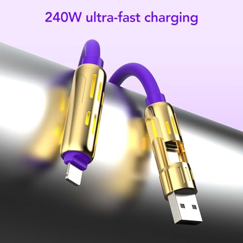 MFish 240W 4-in-1 Charging Cable with Carrying Case, 6.6FT Fast Charger USB-A & USB-C to USB-C/Lightning, for iPhone 17/16/15/14, MacBook, iPad, Samsung S25/S24 (Purple Gold, 6.6Ft) - color: Purple Gold, size: 6.6Ft