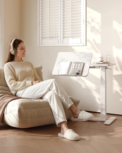 FLEXISPOT Adjustable Height C-Shaped End Table with Split Tilting Top – Mobile Side Table for Sofa & Bedside, Slides Under Furniture, Hidden Wheels for Small Spaces(31.6" W x 15.7" D,White) - color: White, size: 32×18