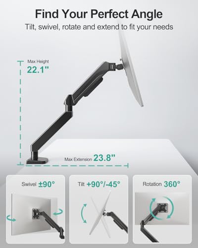 MOUNT PRO Ultrawide Single Monitor Arm for 22"- 42" Screens, Monitor Desk Mount Stand Holds up to 33 lbs, Heavy Duty Fully Adjustable Gas Spring Desk Mount, VESA Mount with Clamp/Grommet Base - size: Max 42", style: Single