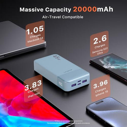 JUOVI Portable Charger 45W 20000mAh Fasting Charging Power Bank | USB C Portable Phone Charger, Battery Pack with PD 3.0 & QC 4.0 for Samsung S26/25/24 iPhone 17/16/15/14/13 Series - color: Blue