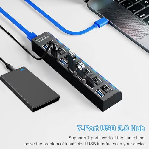 USB Hub 3.0, VIENON 7-Port USB Extender Splitter with Individual LED ON/Off Switches, USB3.0 Hub for Laptop, PC, MacBook, Mac Pro, Mac mini, iMac, Surface Pro and More USB Devices-2FT
