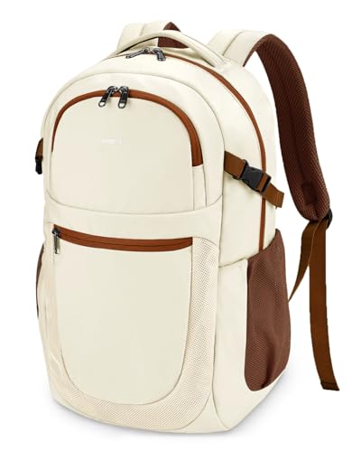 ECOHUB Travel Backpack for Women, 17.3 inch Suspended Laptop Backpack, Fashion Water-Resistant 28L Personal Item Bag with 12 Pockets for Causal, Work, Cream & Brown - color: Cream & Brown