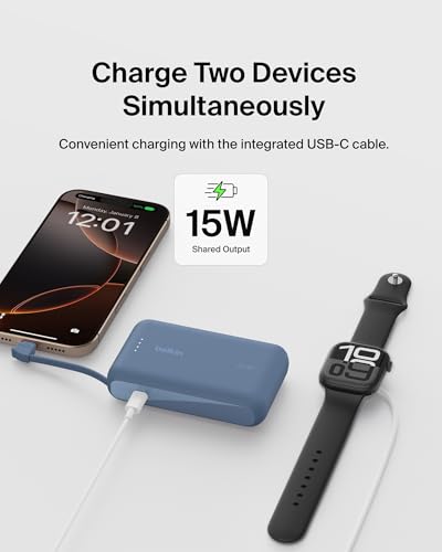 Belkin 10000mAh 20W USB C Power Bank, Portable Charger for iPhone & iPad | Fast Charging, Integrated USB C Cable, Eatra USB C Port, iPhone 17, iPad, Samsung Galaxy S26, Charge 2 Devices - color: Blue, style: 10K mAh