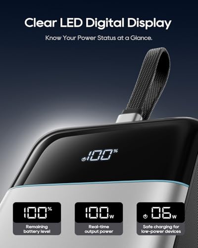 CUKTECH 25,000mAh Power Bank, 100W Max Portable Charger with Built-in USB-C Cable, Fast Charging External Battery Pack for MacBook Pro/Air, iPhone 17/16/15 Series, Samsung, Pixel, Airline Approved