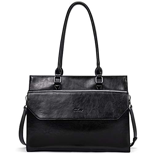 CLUCI Briefcase for Women Oil Wax Leather Business 15.6 Inch Laptop Handbag Vintage Slim Large Shoulder Work Bag | Oil Wax Leather - color: N Black