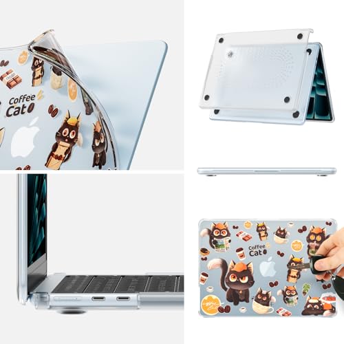 Batianda Premium Clear TPU Case for New MacBook Air 13.6" M5/M4/M3/M2 with Fun Pattern, Ultra-Slim Lightweight Protective Shell with Anti-Yellowing, Scratch Resistance & TPU Keyboard Cover, Coffee Cat - color: Coffee Cat