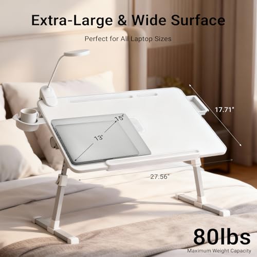 Adjustable Laptop Lap Desk with Cooling Fan USB Light for Adults - color: White,70x45cm
