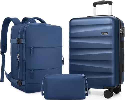 UKEIN Luggage Set with Backpack,Hardshell Carry On Luggage Airline Approved | 20inch Suitcase Set with 360° Smooth Spinner Wheels,TSA Lock,YKK Zippers,Lightweight 3 Piece,Polycarbonate - color: Blue, size: Carry On 3 Piece Set (20inch)