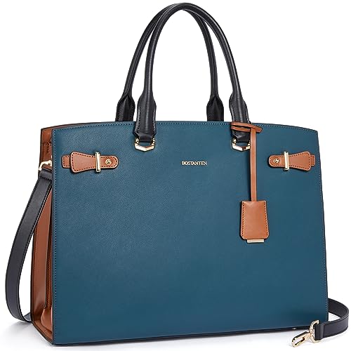BOSTANTEN Genuine Leather Briefcase for Women 15.6'' Laptop Work Tote Bag | Laptop Compartment, Spacious Interior, Structured, Professional Style, Detachable Shoulder Strap, Office, Business, Commute - color: D-blue