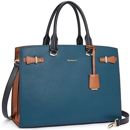 BOSTANTEN Genuine Leather Briefcase for Women 15.6'' Laptop Work Tote Bag | Laptop Compartment, Spacious Interior, Structured, Professional Style, Detachable Shoulder Strap, Office, Business, Commute - color: D-blue