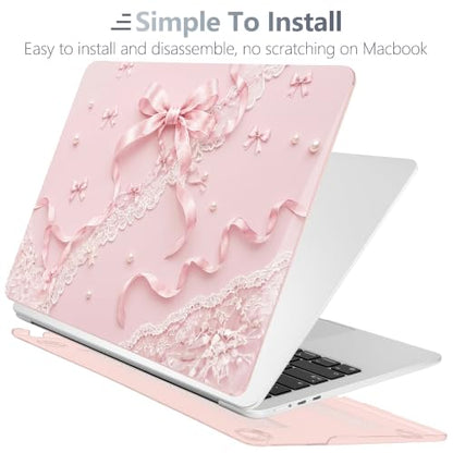 Batianda Case for MacBook Air 13.6" 2026 M5 M4 M3 M2 Chip,Blush Ribbon Lace | 4-in-1 set with coquette style pink ribbon lace art, slim hard shell protection for girls, students and aesthetic users - color: Blush Ribbon Lace
