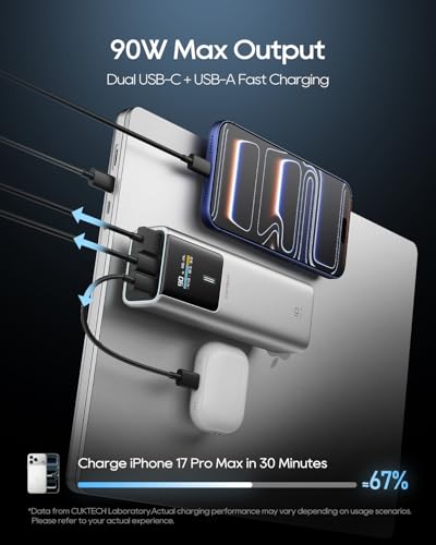 CUKTECH 90W Power Bank 15,000mAh, Airline Approved Portable Charger with Smart TFT Display, 3-Port Fast Charging Battery Pack for MacBook Pro/Air, iPhone 17/16/15, Galaxy S26/25/S24, Pixel 10/9/8