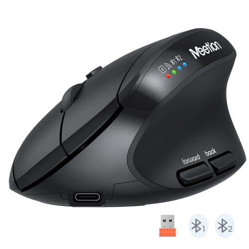 MEETION Ergonomic Vertical Mouse, Wireless Bluetooth Mouse, Black | Rechargeable mouse with dual Bluetooth 5.2 and USB, 4 DPI levels (800–2400), compatible with Windows, Mac, PC and iPad - color: Right Black New
