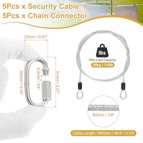 PATIKIL Security Cable Lock (1/8" Dia 3.3ft, Clear)(5 Set) Vinyl Coated 304 Stainless Steel Double Loop Flexible Wire Rope Safety Cable with Quick Links Locking Connectors - color: Clear, size: 1/8" x 3.3ft