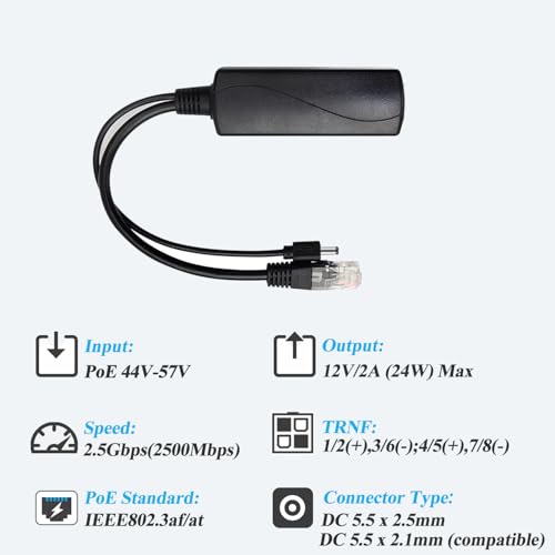 2.5G PoE Splitter 12V/2A, DC 5.5 * 2.5mm Plug, 48V PoE to DC 12V/2A 24W Output, 2.5Gbps Ethernet Comply IEEE802.3af/at, Plug and Play for IP Camera, Smart Home - style: PS5712TG-25-X DC 5.5 x 2.5 12V/2A