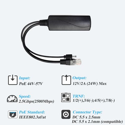 2.5G PoE Splitter 12V/2A, DC 5.5 * 2.5mm Plug, 48V PoE to DC 12V/2A 24W Output, 2.5Gbps Ethernet Comply IEEE802.3af/at, Plug and Play for IP Camera, Smart Home - style: PS5712TG-25-X DC 5.5 x 2.5 12V/2A