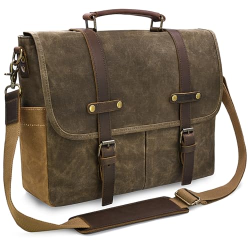 Mens Messenger Bag 15.6 Inch Waterproof Vintage Genuine Leather Waxed Canvas Briefcase Large Leather Computer Laptop Bag Rugged Satchel Shoulder Bag, Coffee - color: Coffee