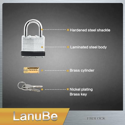 LanuBe Laminated Keyed Alike Padlock 100 Pack 1.6-in Wide Standard Shackle | Brass cylinder with keyed alike design.One key opens all locks. Black ，Standard shackle for gates, sheds,hasps ＆ toolboxes - size: 100 Pack Black