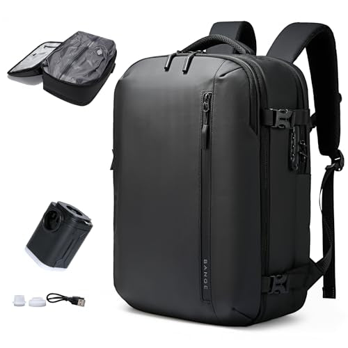 BANGE Vacuum-Seal Travel Backpack with Pump and Vacpack Compression System, Water Resistant Large Carry-On Backpack with Laptop Compartment and TSA Lock - Flight Approved, Black (With Air Pump) - style: With Vacuum & Pump